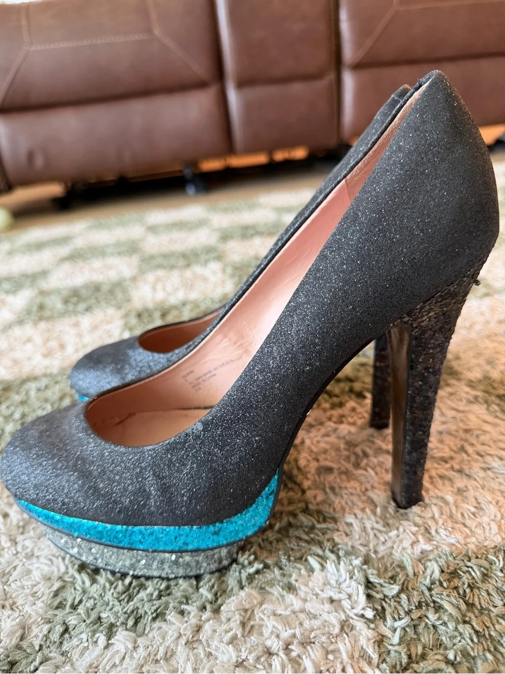 Betsey Johnson Black Glitter Platform Pumps with Teal and Silver Stripe